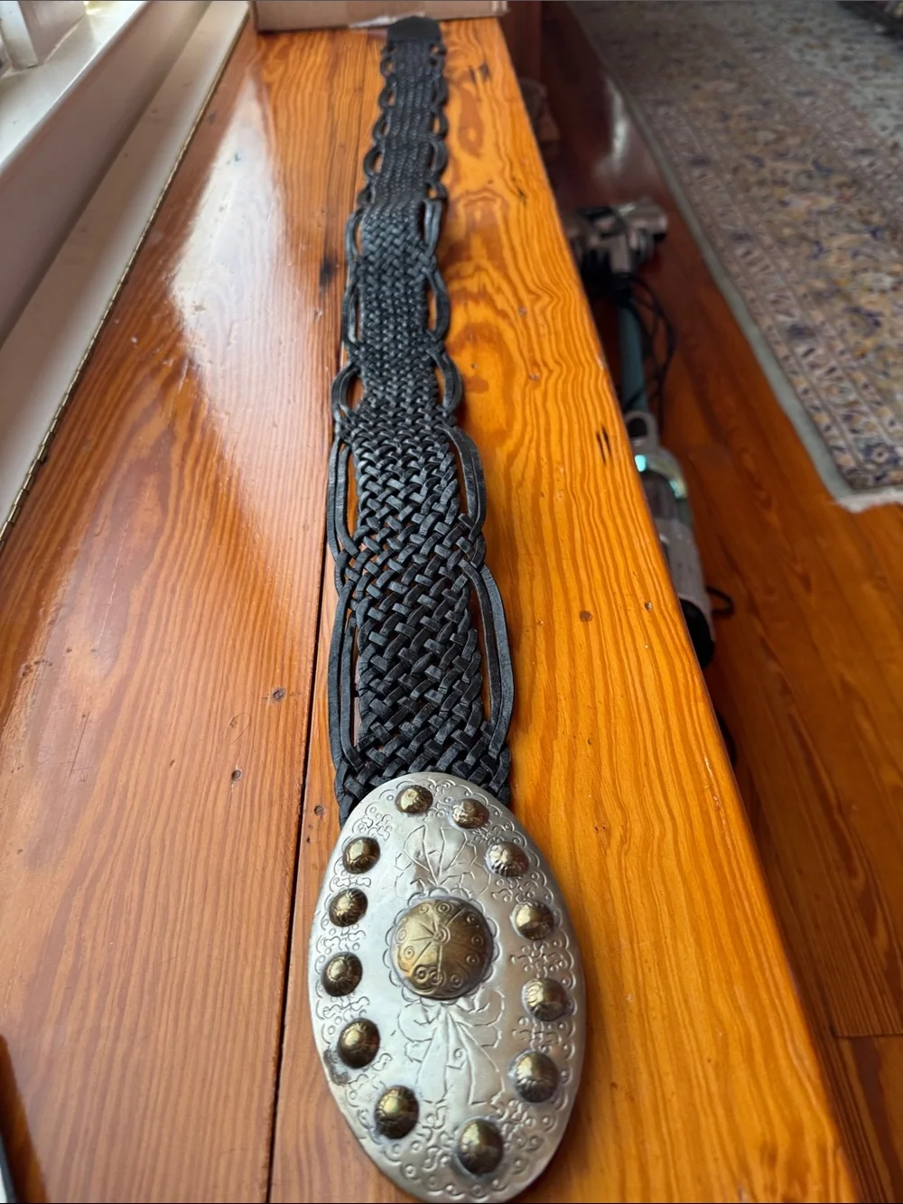 CHICO’s Braided Black Leather Belt with Decorative Silver and Gold Concho M/L
